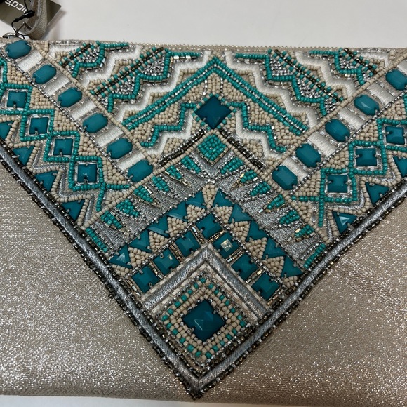 NWT Chico's Clutch Bag Beaded Embroidered Geometric Tassel Zipper Aqua Silver - Picture 4 of 11